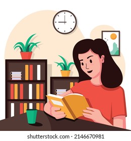 Girl reading book. Back to school, online education concept vector illustration in flat style