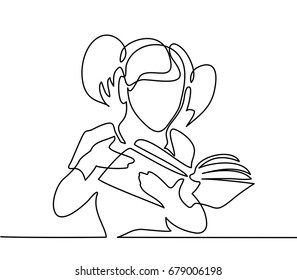 Girl reading book. Back to school concept. Continuous line drawing. Vector illustration on white background