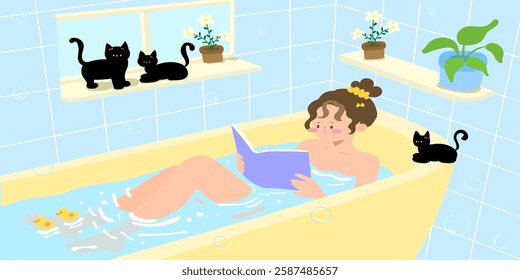 A girl reading book in the bathtub with 3 black cats