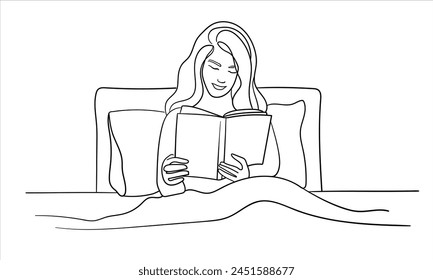 Girl reading a book in bed isolated on white background. Relaxing at home line art drawing. Vector illustration