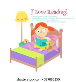 A girl is reading a book before she goes to bed.