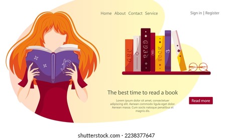 Girl is reading book, bookshelf with stack of books and glasses. Book lover, Reading, Book store, Library, Education concept. Vector illustration for flyer, poster, banner, website development.