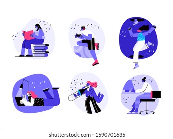 A girl reading a book, a boy playing video games, a woman wearing vr glasses, a person playing a saxophone, a girl working on computer. People and Activities.  Vector illustration