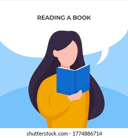 Girl reading a book with bubble chat over head vector illustration. Long hair female holding a book poster design