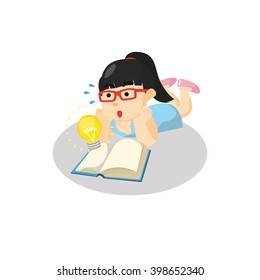 Girl reading book with bulb idea