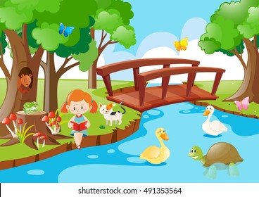 Girl reading book by the river illustration