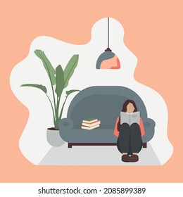 The girl is reading a book by the sofa in her room. Pink background with white insert. Vector illustration.
