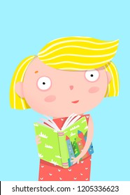 Girl Reading Book card design. Vector cartoon.