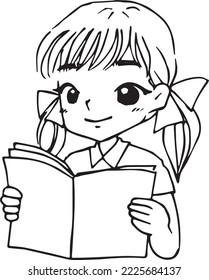 girl reading a book cartoon doodle kawaii anime coloring page cute illustration drawing clip art character chibi manga comic