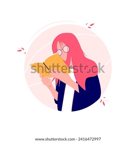 Girl reading a book cartoon vector illustration on white background.