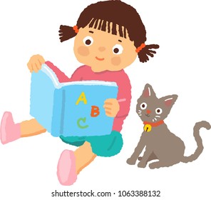 Girl reading a book with a cat