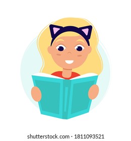 A girl reading a book in a cat costume. Love reading concept. Template for banner, postcard, card, invitation. Vector Illustration in flat style.