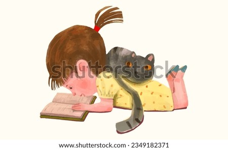 A girl reading a book and a cat. kid illustration. watercolor vector.