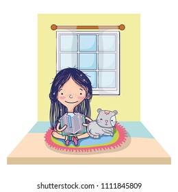girl reading book with cat and window
