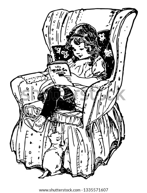 Girl Reading Book Chair Child Female Stock Vektorgrafik