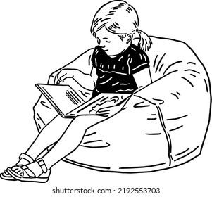 Girl reading Book Children activity Home school Education Hand drawn line art Illustration