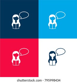 Girl reading a book for class four color material and minimal icon logo set in red and blue