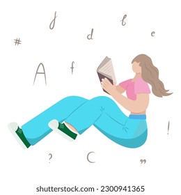 Girl reading a book. Clipart. Flat style, Character. study, literature