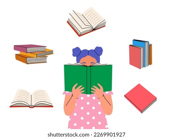 Girl reading book. Closed and open books. Illustration for bookstore, library, book shop. Literature, dictionaries, planners. Vector illustration