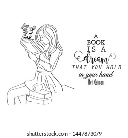A girl is reading a book. For the coffee, offices. Graphic design lifestyle,. vector for print, banner, design, poster, interior, wall decals, sticker.