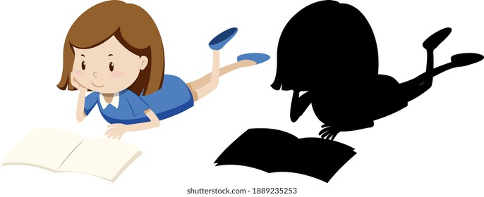 Girl reading book in colour and silhouette illustration