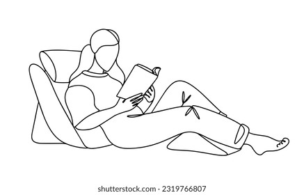 La niña está leyendo un libro cómodamente sentado en las almohadas. Día Internacional de la Autoatención. Un dibujo de línea para diferentes usos. Ilustración vectorial.