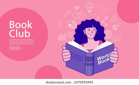 Girl reading a book. Concept for a book festival, fair, reading challenge. online reading or library, e-book, online education. World book. Student accessing the internet learning. Back to school.