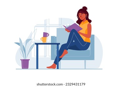 Girl reading book concept with people scene in the flat cartoon style. The girl decided to rest and read a book. Vector illustration.