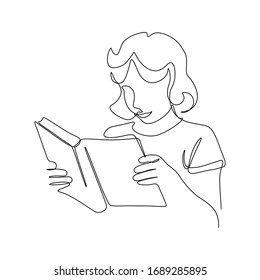 Girl reading book in continuous line art drawing style. Teen girl with paper book in hands minimalist black linear sketch isolated on white background. Vector illustration