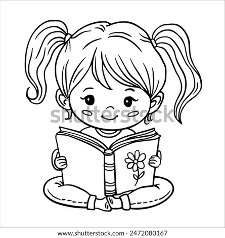 A girl is reading a book Contour Linear Drawing Children's Coloring Book