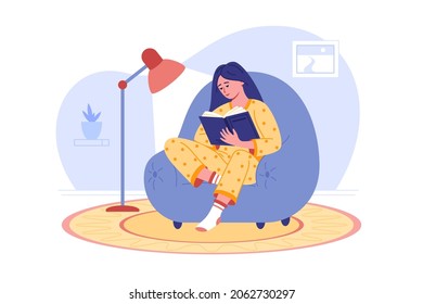 Girl reading book in cozy chair vector illustration. Calm home atmosphere, comfort furniture, interesting story flat style. Hobby concept