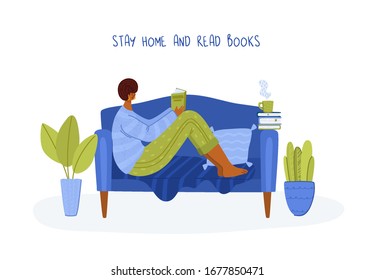 girl reading book in cozy home room on sofa, student read and study, literature fans or lovers concept, modern flat cartoon textured people character isolated on white - vector illustration