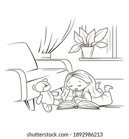girl reading a book in a cozy home atmosphere, next to a favorite teddy bear toy, coloring book, line art, black and white sketch, vector illustration