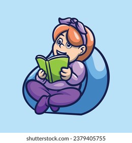 Girl Reading Book Creative Cartoon Illustrasion