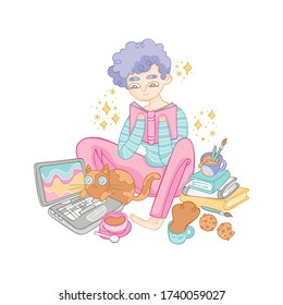 Girl reading a book. Cute cat pet. Notebook, books, coffee cup, chocolate chip cookies. Cartoon people. Illustration. Isolated vector object on white background.