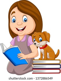 Girl reading book with cute little dog