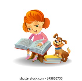 Girl reading book with cute little dog beside, vector illustration