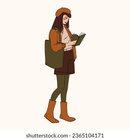 Girl reading a book. Cute young with shopper bag, dressed on . cardigan and skirt, beret. Hand drawn vector female character illustration isolated on beige background