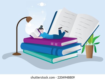 Girl reading book , book day, Book festival concept of a small people reading a open huge book