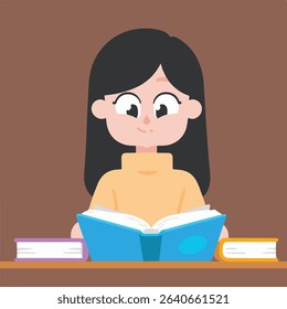 Girl Reading Book at Desk, Education Illustration