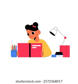 Girl Reading A Book At A Desk With Stationery In Flat Vector Illustration Symbolizing Education, Focus, And Learning, Isolated On White Background