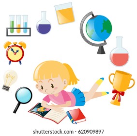 Girl reading book and different object for school illustration