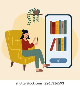 Girl reading a book in digital library using phone. Giant smartphone screen with various books. Hand drawn vector illustration isolated on colored background. Modern flat cartoon style.