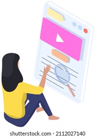 Girl reading book with digital service for smartphone. Studying with archive of video books. Electronic library, online book store, ebook in smartphone app. Woman selects video in online library