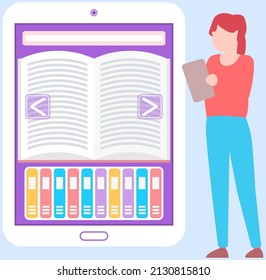Girl reading book with digital service for smartphone. Studying with archive of books. Electronic library, online book store, ebook in smartphone app. Woman selects literature in online library