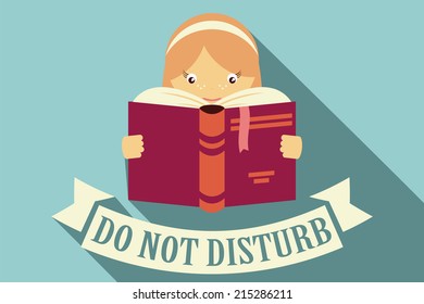 Girl reading a book, do not disturb sign, imagination and education concept, vector