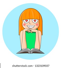 Girl reading a book and dreaming about love. Vector illustration. Character in cartoon style.