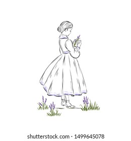 Girl reading book dressed in ball gown stands on lavender field. Young intellectual schoolgirl in vintage style from the nineteenth century. Coloring page. 