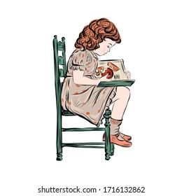 Girl reading book and eating an apple sitting on wooden chair. Schoolgirl teaches lessons. 