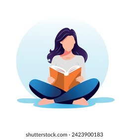 Girl reading book education theme flat character illustration
